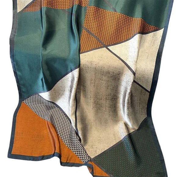 NEW Colorful Abstract Silky Fashion Scarf Burnt Orange Emerald Green & Beige - Picture 3 of 11